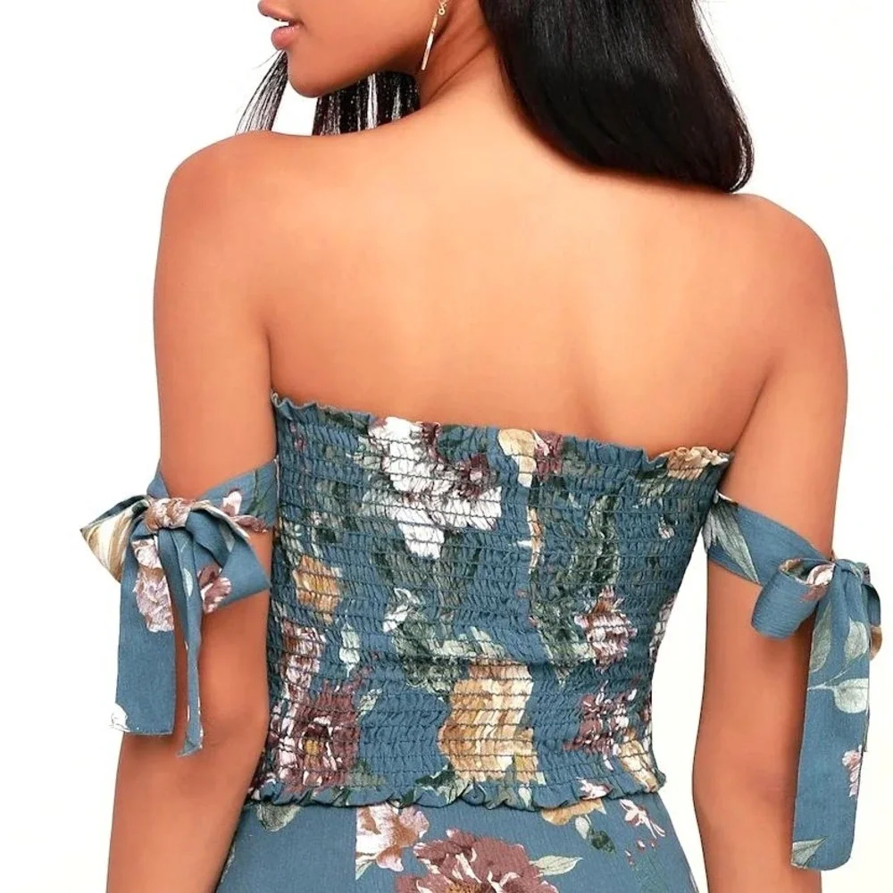 Lulus Balsam Teal Blue Floral Print Smocked Off-the-Shoulder Crop Top Size S